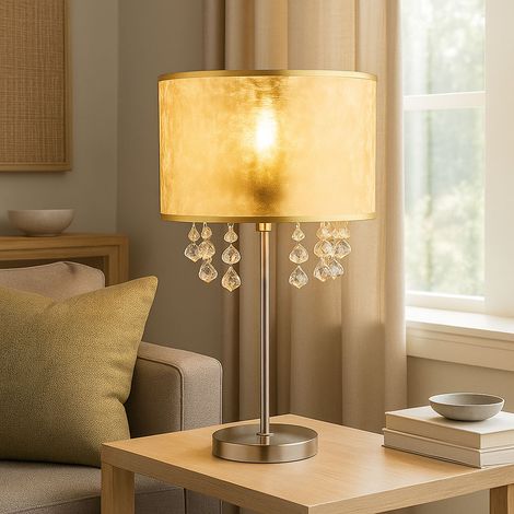 Tischleuchte Lampe Kristallleuchte Leselampe Leuchte Schlafzimmer, Kristalldekor klar Lampenschirm Blattgold Nickel matt, 1x E27 Fassung, DxH 32x56 cm