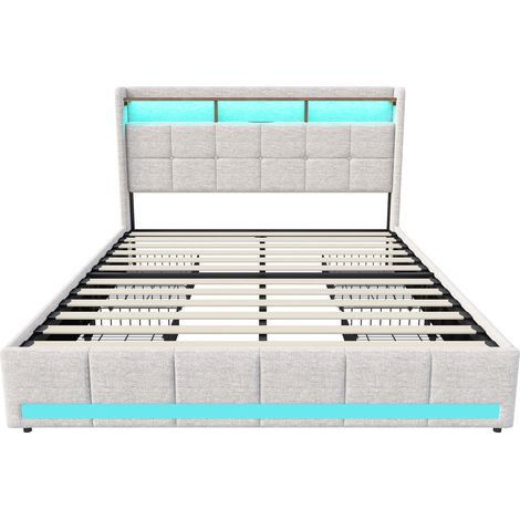 Cama 160 x 200 cm y somier - Estructura de cama 140 x 200 cm con 4 cajones - cabecero con espacio de almacenamiento - LED + tipo C + USB - lino - Beige (1/5)