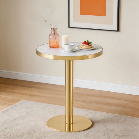 Table ronde cadre en acier inoxydable doré plateau effet marbre revêtement uv socle stable style luxueux (1/5)