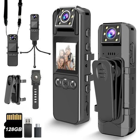 Caméra corporelle 4K – 128 Go – Objectif rotatif à 180° – Autonomie de 6 heures et vision nocturne – Pour la sécurité et un usage quotidien (1/5)