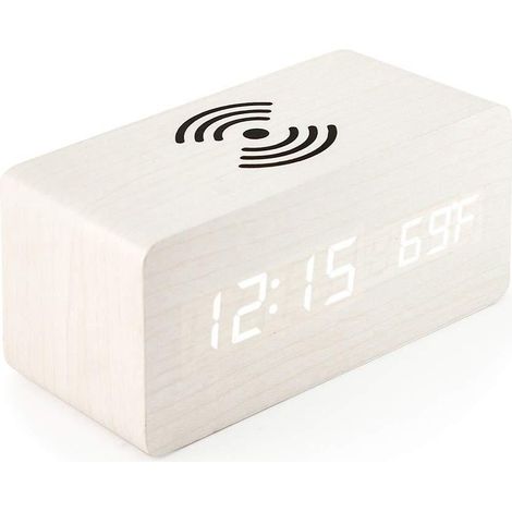 Digitaler Wecker aus Holz mit kabellosem Ladegerät, LED-Digitaluhr mit Anzeige von Temperatur und Datum, mehreren Alarmen, 3 Helligkeitsstufen, Tonsteuerung, 12/24-Stunden-Anzeige