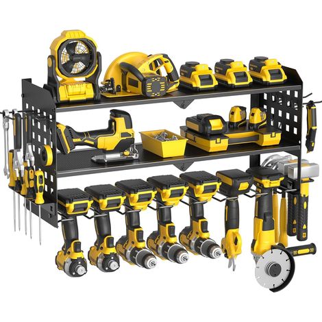 Étagère murale pour outils électriques à 3 niveaux, pour 7 perceuses, résistante, pour garage, maison, atelier (Noir) (1/5)
