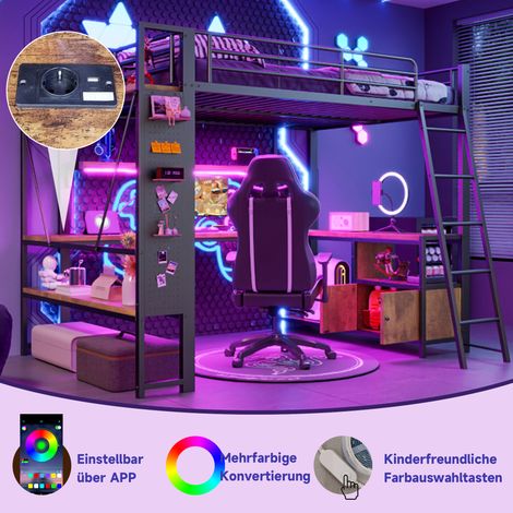 Lit mezzanine 90x200 cm noir en fer,bande LED,bureau,étagères multiples,mur perforé,port USB,rangement intégré,sans matelas
