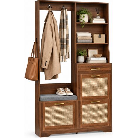 FurnitureR Meuble à chaussures entrée avec banc, tiroir et portes effet cannage noyer (1/5)