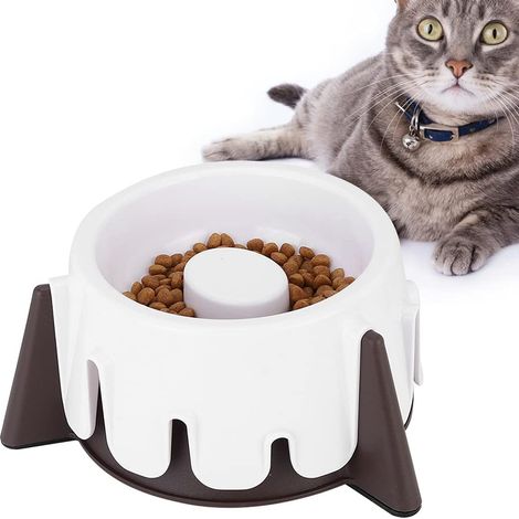 Bol de Nourriture Lente pour Animaux de Compagnie, Hauteur réglable, Base antidérapante, mangeoire sèche et Humide pour Chats et Chiens, Blanc et Marron (1/5)