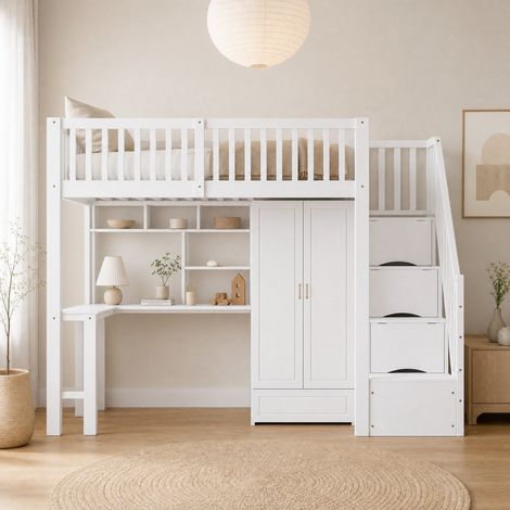 Hochbett 90 x 200 cm mit Schrank, Schreibtisch, Regal und Treppe, weiß HAVRYA (1/5)
