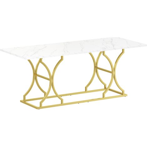 Table à manger moderne 200×80 cm pour 8–10 personnes avec plateau effet marbre et pieds métalliques dorés réglables (1/5)