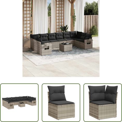 vidaXL Rattanmöbel - 11-tlg. Garten-Sofagarnitur mit Kissen Hellgrau Poly Rattan (1/5)