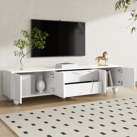 Mueble de TV de 180 cm con almacenaje, 4 puertas y 2 cajones, ideal para salón o dormitorio, 180 x 40 x 42 cm, blanco (1/5)