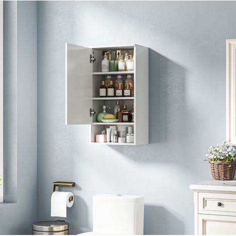 Mueble de baño suspendido moderno blanco de madera con puerta, estantes regulables y hueco abierto 40 x 27 x 77 cm (1/5)