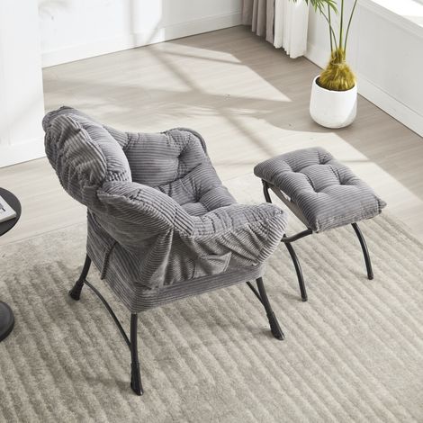 Fauteuil relax avec pouf, chaise lounge moderne à accoudoirs et poche latérale, fauteuil rembourré de lecture avec repose-pieds pour petit espace, chaise d'angle grise (1/5)