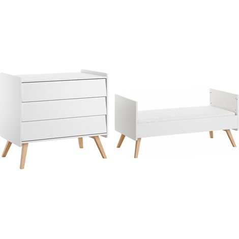 Ausziehbares Bett 70x140 und Kommode mit 3 Schubladen Vox Vintage Weiß und Holz