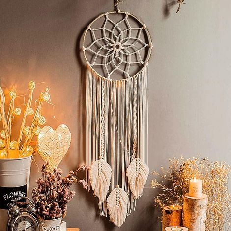 Attrape-rêves géant en macramé avec plumes tissées, fait main, bohème, décoration murale intérieure, cadeau idéal, 80 x 25 cm (1/5)