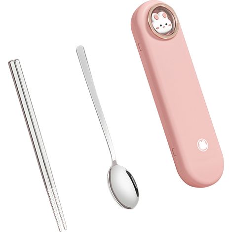 Ensemble cuillère et baguettes avec étui de voyage en acier inoxydable rose
