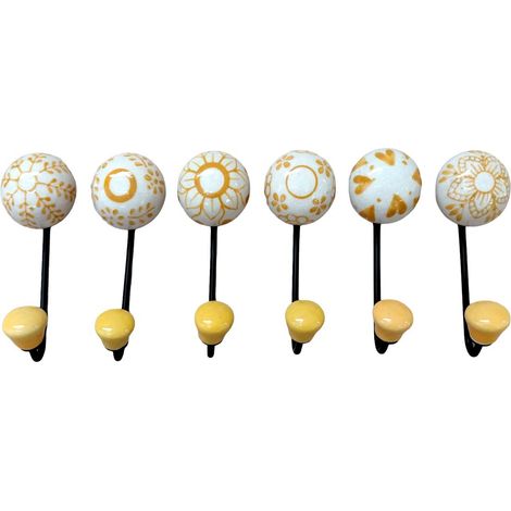 Wandhaken aus Keramik weiß und senfgelb 11 cm 6er Set (1/5)