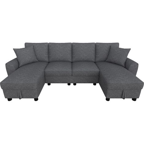 Sofá panorámico en U de 2 plazas con chaise longue y almacenaje, Cojines, Chenilla, Gris (1/5)