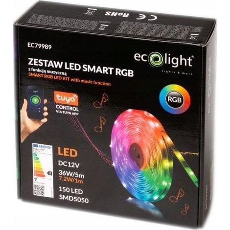 Ruban LED smart musical 7,2W/m RGB 5m IP20, kit avec alim (1/3)