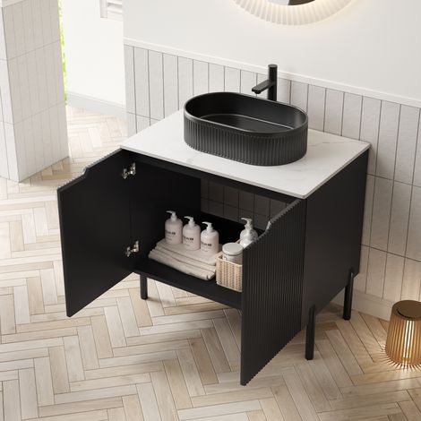 Mobile bagno freestanding 76 cm con lavabo ovale in ceramica nera e top in pietra sinterizzata (1/5)