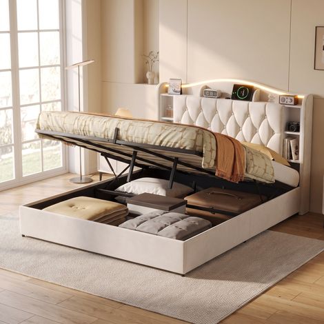 Lit adulte 160x200 cm avec coffre de rangement, LED et chargement USB Moderne - Velours - Beige (1/5)
