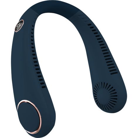 Ventilador de cuello sin aspas con correa de muñeca manos libres, rotación de 360°, pantalla digital, 5 velocidades ajustables (azul). (1/5)