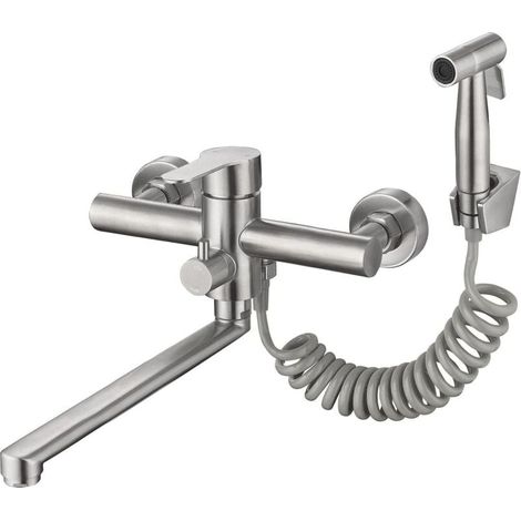 Brushed Nickel Wall Mount Kitchen Faucet with Side Sprayer - Commercial Grade Utility Sink Mixer Tap, Lead Free, 12" Spout MUMU