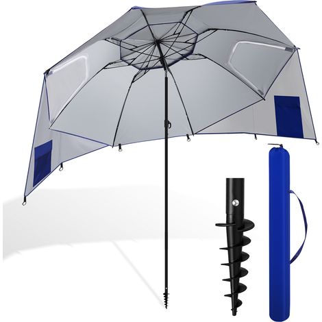 Randaco Sonnenschirm 210 cm UV50+ mit Schraub-Erdspieß, windstabiler Strandschirm, neigbar & tragbar für Strand Balkon Garten Blau