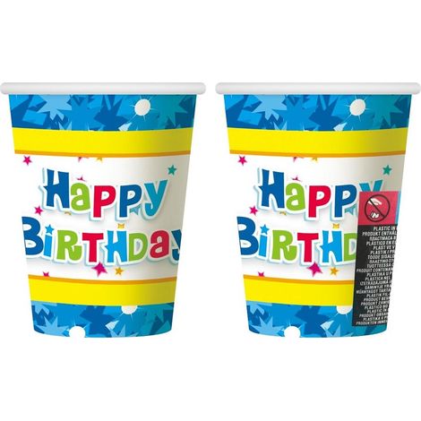 Bicchieri di carta blu "Buon compleanno" da 270 ml, confezione da 6 pezzi