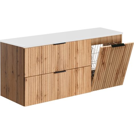 Furnidea - Meuble suspendu sous vasque ADEL CHÊNE 120 cm avec panier à linge et plan blanc - 2 tiroirs - Façades rainurées (1/5)