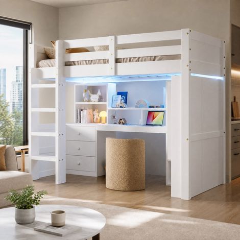DESMIU Lit mezzanine enfant 90 × 200 cm 1 place avec LED, armoire, bureau et tiroirs, sans matelas, blanc (1/5)
