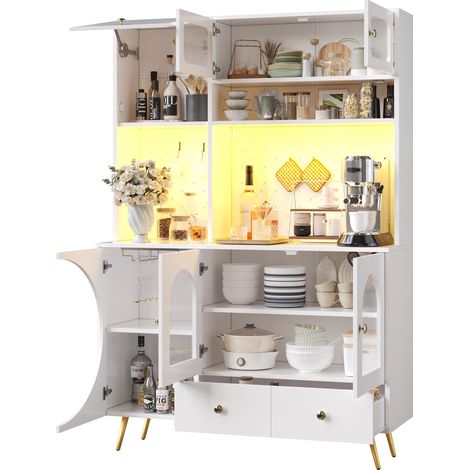 Buffet haut de cuisine LED avec prises USB, étagères en verre, tiroir, rangement mural perforé et portes demi-rondes blanches pour salon et cuisine  CHICFURN (1/5)