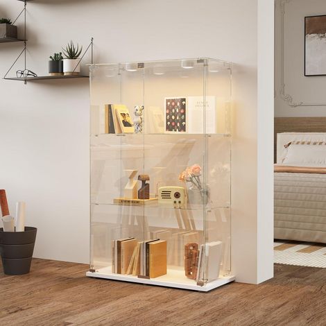 Standvitrine mit LED-Beleuchtung, 3 Etagen, 2 Türen und Schloss, Weiß (1/5)