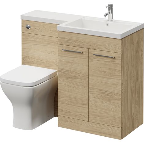 Napoli 460 Light Oak 1100mm 2 Door Vanity Unit Toilet Suite with Right Hand Square Lucia Basin - 1100mm - Chrome 160mm HandleWith Kingston Toilet Pan and Seat