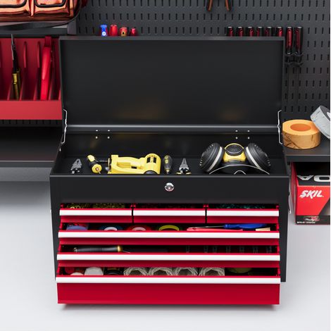 Caja de herramientas de 6 cajones con cerradura en acero rojo y negro 60 x 26 x 34 cm (1/5)