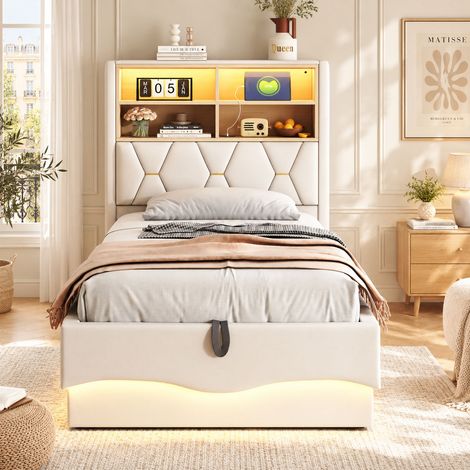 Lit rembourré 90x200 cm avec coffre hydraulique, LED RGB contrôlable par APP, USB, rangement tête de lit, sommier à lattes, beige, sans matelas (1/5)