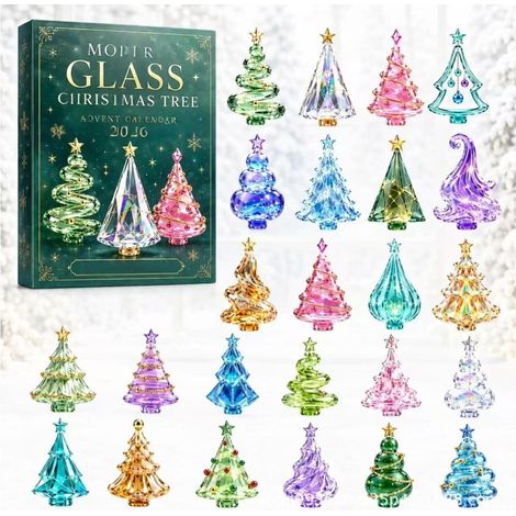 Glass-style Christmas Tree Advent Calendar 24pcs Transparent Acrylic Ornament Blind Box Christmas Blind Box - Christmas Tree B - Flat Design (Plastic Sealed)