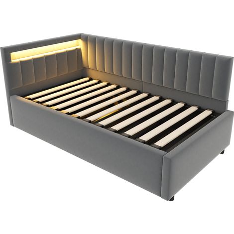Polsterbett 90x200 cm mit LED, hydraulischem Stauraum, grauem Samt und Lattenrost (1/5)