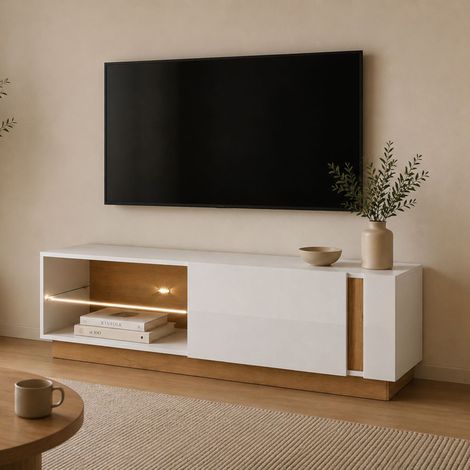 Mobile Porta tv Kagale, 2 Ripiani, Un'anta, Ripiano in Vetro, 138x40x46h cm Marrone Rovere Nodi (1/3)