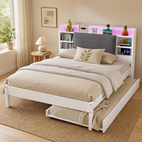 Letto 120x200 con letto estraibile 90x190, testiera imbottita, LED, bianco HAVRYA (1/5)