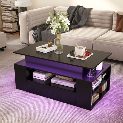 Puluomis 92x50 LED Table Basse Fixe Style Industriel Bois RGB et Métal Noir, Table de Salon avec tiroir de rangement, hauteur réglable, Mode Musique, Télécommande, Contrôle APP, Salon, Salle de séjour (1/4)