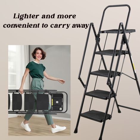 Escabeau 4 marches en acier robuste, large pédale antidérapante avec rampe, verrouillage sécurisé, testé 150 kg, pliable et portable pour maison, cuisine, noir. (1/5)