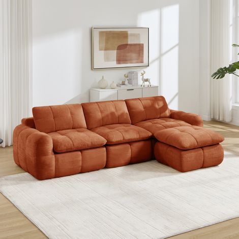 Canapé d'angle modulable 3 places en chenille, assise confortable de 54 cm, design matelassé, base antidérapante, sans montage, pouf inclus, orange (1/5)