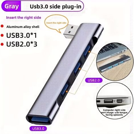 Hub USB-C 3.0 avec 4 ports (3 USB-A + 1 USB-C) pour ordinateur portable, PC, smartphone et périphériques, transfert de données rapide. (1/5)