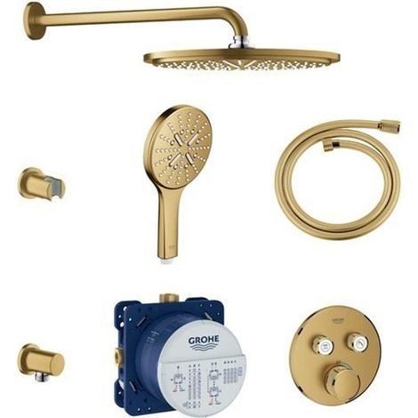Grohe – Ensemble de douche encastrable thermostatique – Tête de douche Pluie Cool Sunrise brossé – Technologie EcoJoy – Installation facile