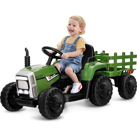 Costway – Tracteur électrique pour enfants 12V avec remorque – Télécommande 2,4G – 3 vitesses – Éclairage LED, musique, klaxon, USB, Bluetooth – Vert foncé (1/5)