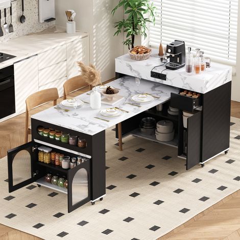Table de cuisine extensible à roulettes, prises, MDF, noire HAVRYA (1/5)
