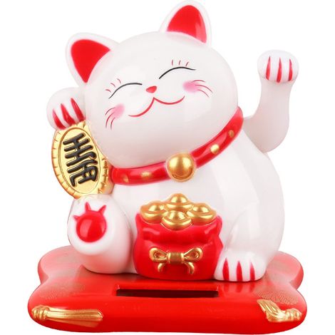 Statue Chat Porte-Bonheur - Décoration Solaire avec Bras Oscillant - Pour Voiture Bureau Maison - 7 cm - Résine Blanche (1/5)