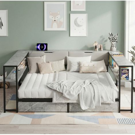 Bett Daybed gepolstert Grau 90x200 cm aus MDF & Metall mit Kopfteil-Ablagen, USB/Type-C, 2 Schubladen und Lattenrost