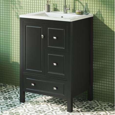 Meuble vasque 62x47x90 cm MDF et céramique noir, 3 tiroirs, gain de place salle de bain – MEUBLIV (1/5)