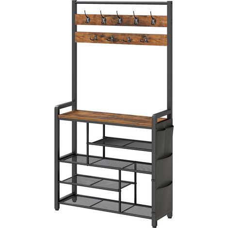 Coat Rack with Shoe Storage, 5-Tier Shoe Rack with Coat Stand, Shoe Storage Organizer with 9 Coat Hooks and 3 Oxford Fabric Side Pockets, Hallway Coat and Shoe Storage Unit (1/5)