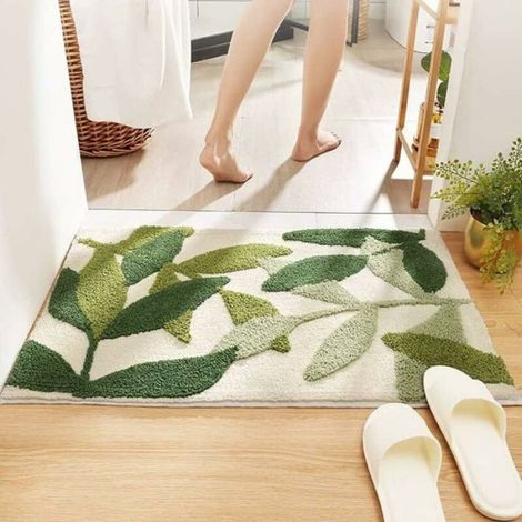 Tapis de Bain, Absorbant Antidérapant Doux et Agréable pour La Peau Tapis Salle de Bain Feuilles Vertes Motifs 45x65 cm (1/5)
